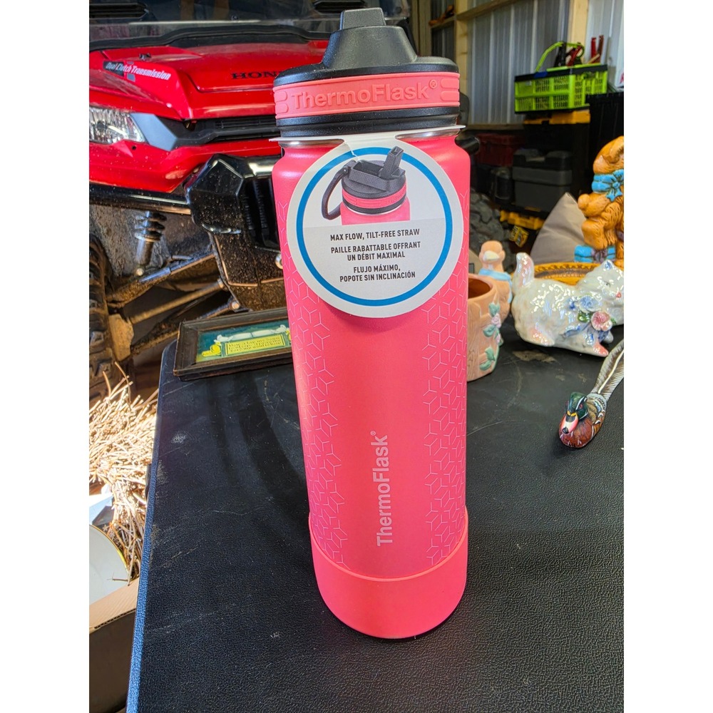 ThermoFlask Pink Geometric Insulated Water Bottle 24oz Tilt-Free Straw Lid